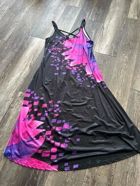 Private Label Black Maxi Dress with Pink & Purple Graphic Print  XL. BP2